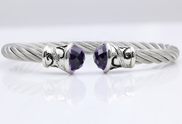 STERLING SILVER AND STAINLESS AMETHYST AND DIAMOND FLEX BANGLE BRACELET